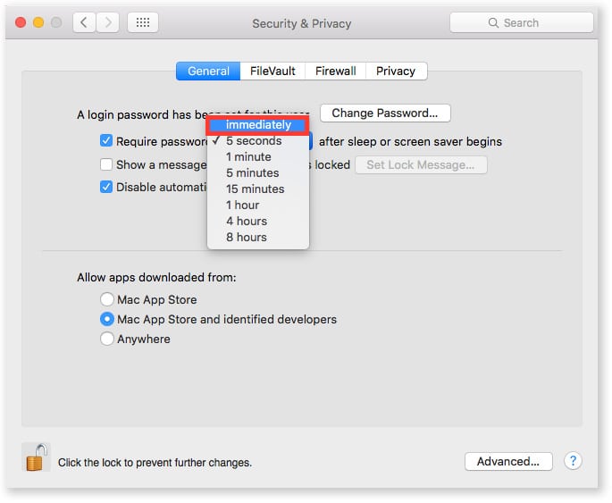 os x require password immediately